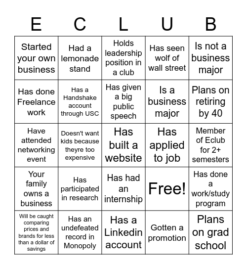 Networking Bingo Card