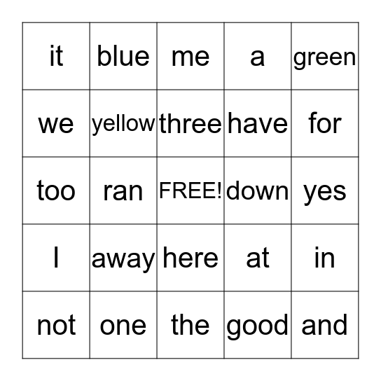 Sight Word Bingo Card