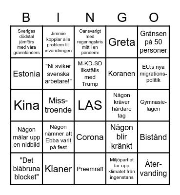SVT Partiledardebatt 11/10 - 20 Bingo Card