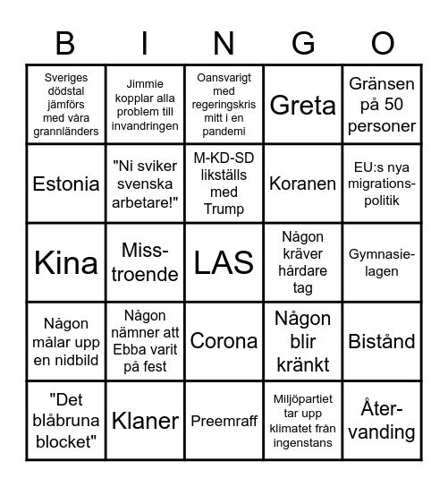 SVT Partiledardebatt 11/10 - 20 Bingo Card