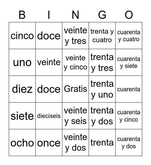 Numeros en Español Bingo Card