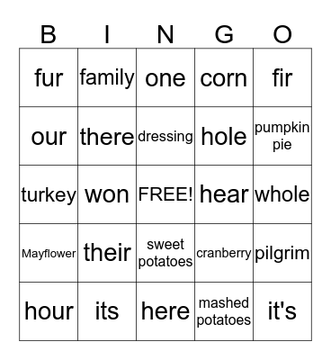 Homophones & Thanksgiving Bingo Card