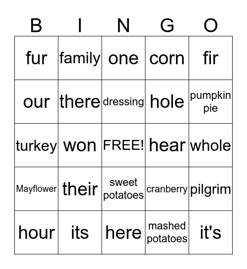 Homophones & Thanksgiving Bingo Card
