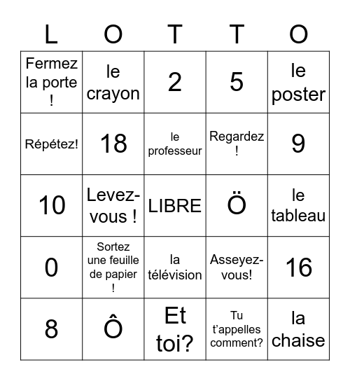 la Salle de Classe Bingo Card