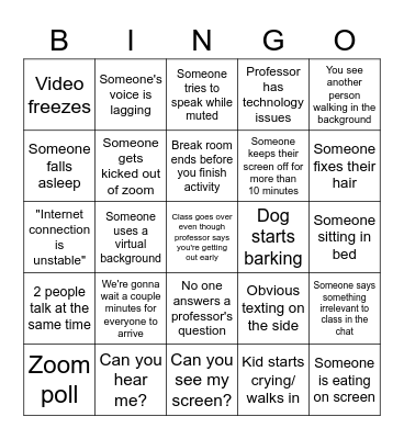 Zoom Class Bingo Card