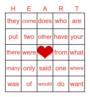 Heart Words Bingo Card