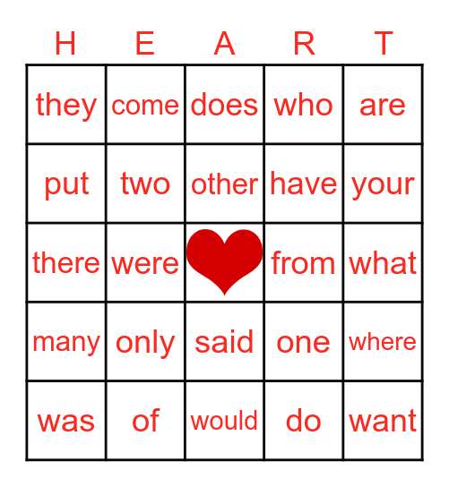 Heart Words Bingo Card