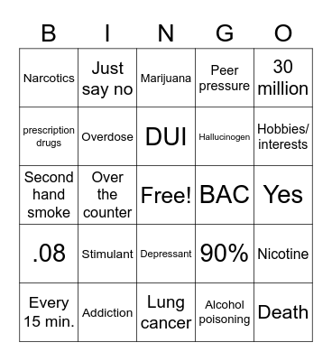 Alcohol, Tobacco, and Other Drugs Bingo Card