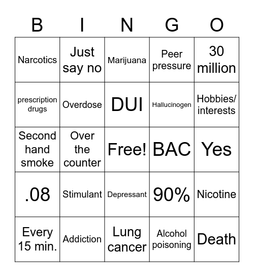 Alcohol, Tobacco, and Other Drugs Bingo Card