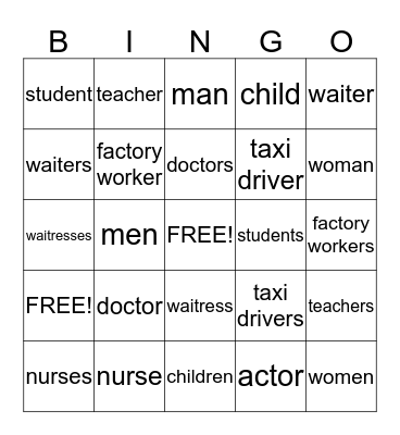 Singular and Plural Words Bingo Card