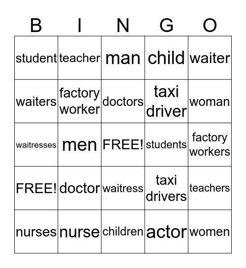 Singular and Plural Words Bingo Card