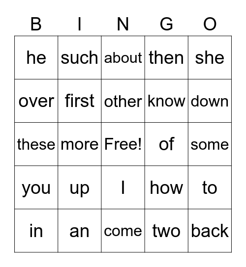 Camdenton Sight Words K-1 Bingo Card