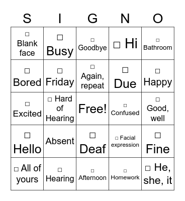 Welcome to ASL Part 1 Bingo Card