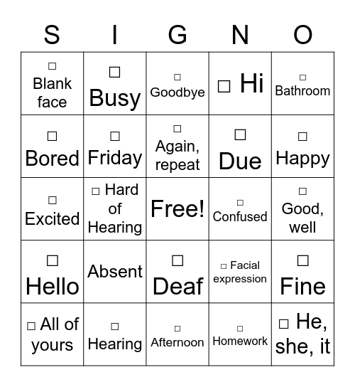 Welcome to ASL Part 1 Bingo Card