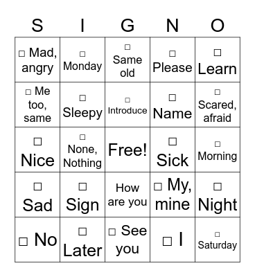 Welcome to ASL Part 1 Bingo Card