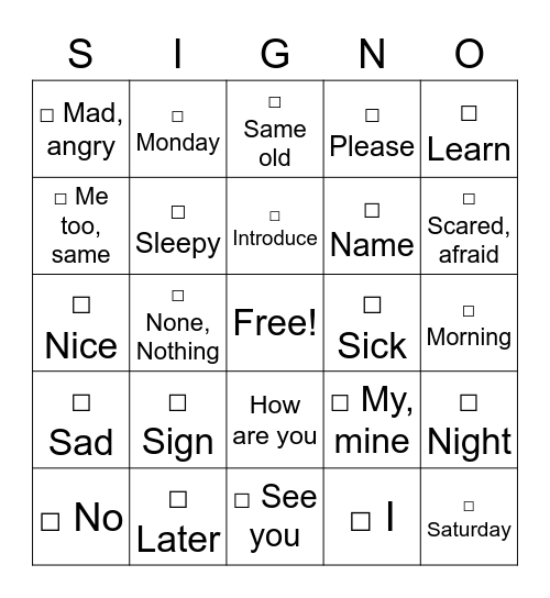 Welcome to ASL Part 1 Bingo Card