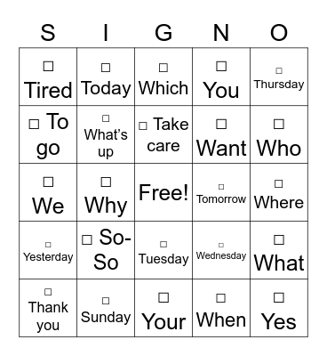 Welcome to ASL Part 1 Bingo Card