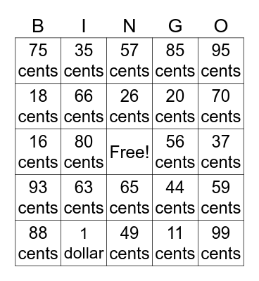 Money Bingo Card