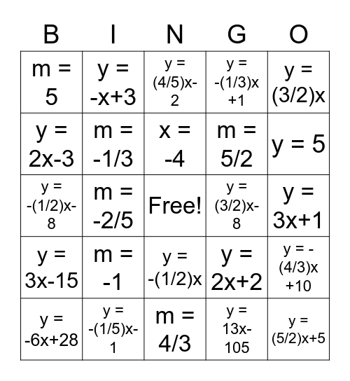 Parallel and Perpendicular Lines Bingo Card