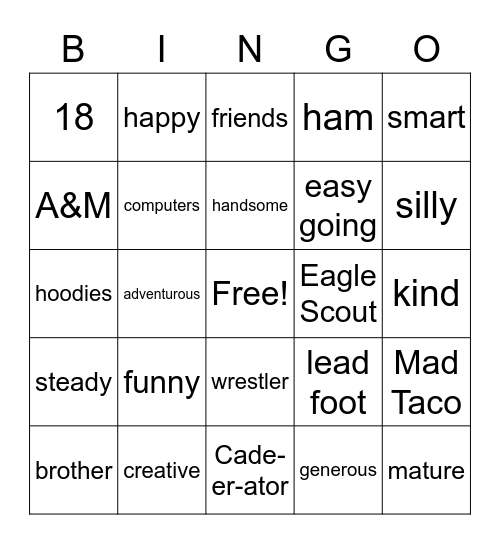 Cade's Birthday Bingo Card