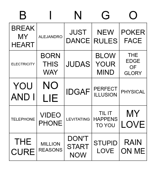 Lady Gaga vs Dua Lipa Bingo Card