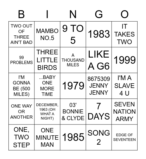 NUMBERED SONGS Bingo Card