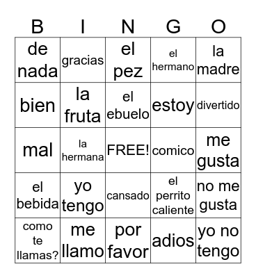 Spanish Bingo! Bingo Card