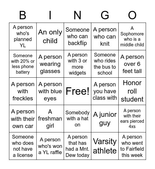 Younglife Bingo Card