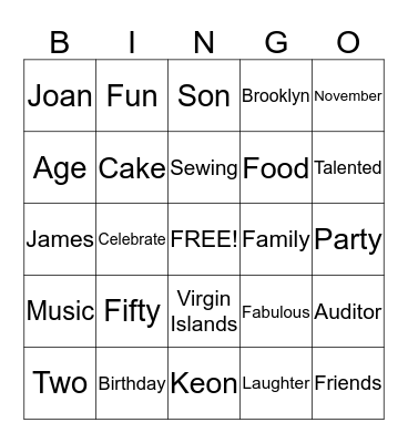 Joan's 50th Birthday Celebration Bingo Card