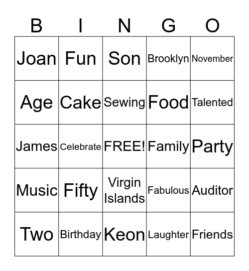 Joan's 50th Birthday Celebration Bingo Card