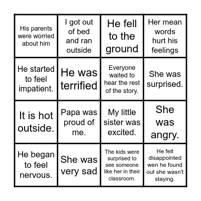 Show VS Tell Bingo Card