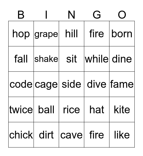 Rhyming Bingo Card