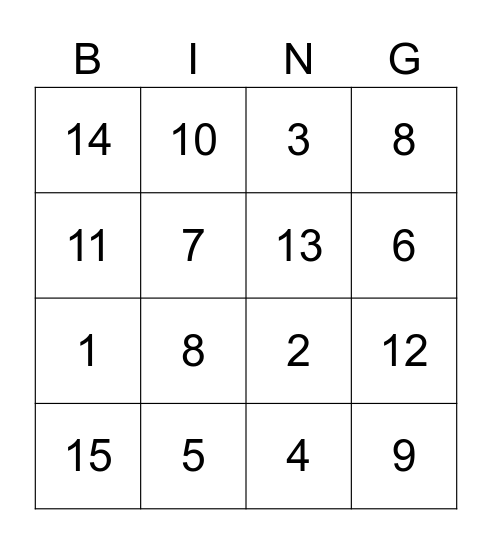 Number Bingo Card