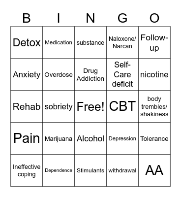 Substance Abuse Bingo Card