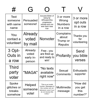 People's Action GOTV Texting Bingo Card