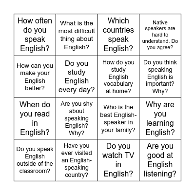 Let’s Talk About English! Bingo Card