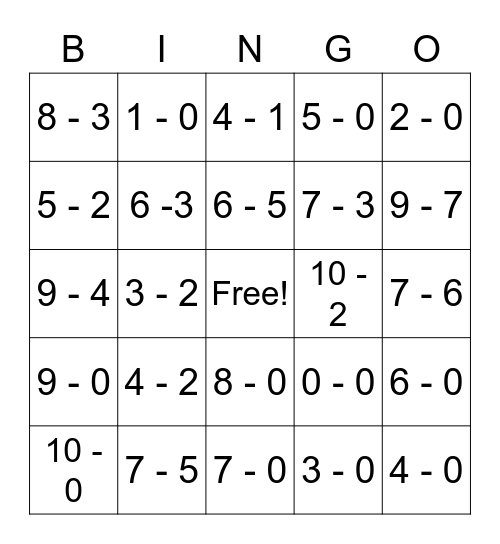 Subtraction Bingo Card