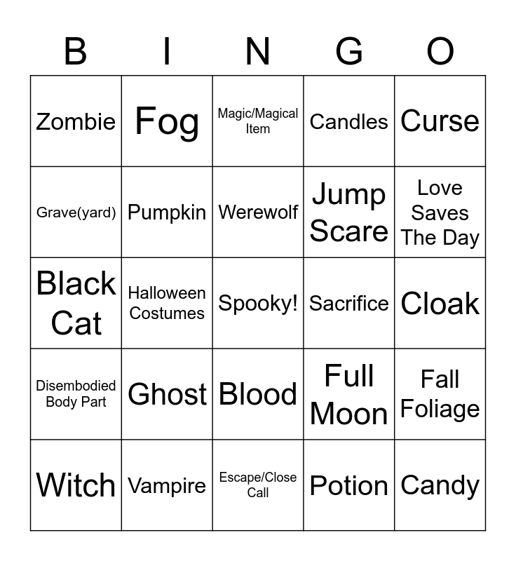 Halloween Movie Bingo Card