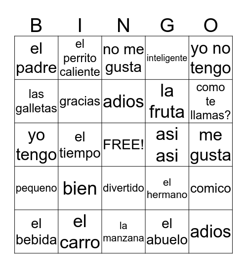 Spanish Bingo! Bingo Card