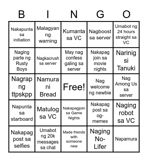 After Hours PH Bingo Card