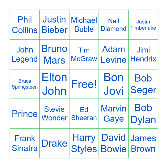 Male Artist Music Bingo Card