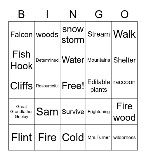 My side of the Mountain Bingo Card