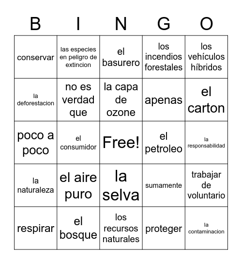 Environment Bingo Board - Spanish 4 Bingo Card