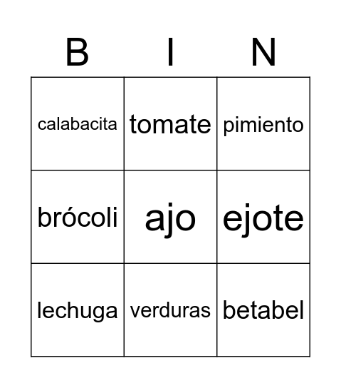 Las Verduras (words) Bingo Card