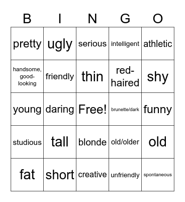 Los adjetivos Bingo Card