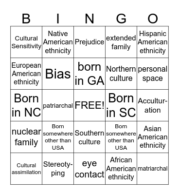 Cultural Diversity Bingo Card