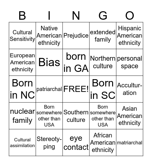 Cultural Diversity Bingo Card