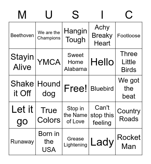 Name that Song Bingo Card