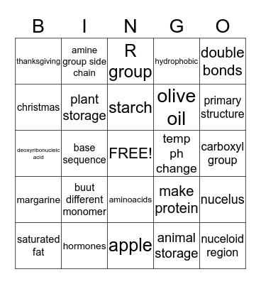 Large Biological Molecules Bingo Card
