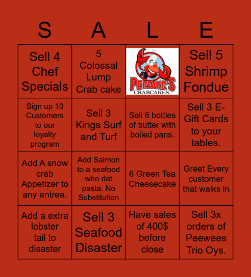 Peewees Crab Cakes Bingo Card